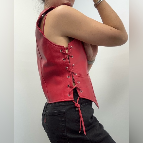 Vintage 90s Red Lace Up Leather Biker Vest Snap Front Size M - Picture 5 of 14